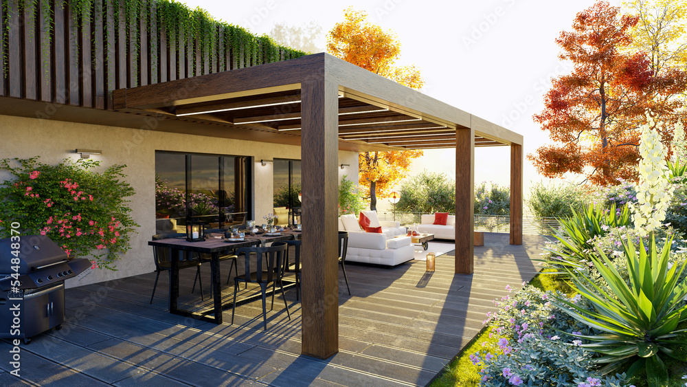 3d illustration of decor outdoor patio with teak wood pergola Stock ...