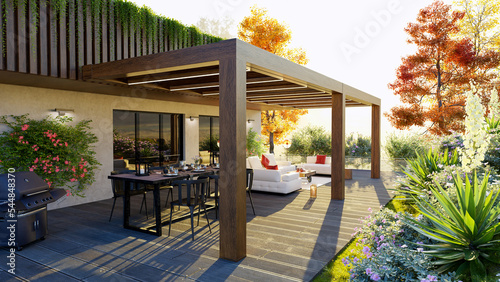 Fényképezés 3d illustration of decor outdoor patio with teak wood pergola