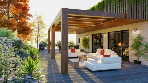 Photographie 3d render of luxury private patio with teak wood pergola