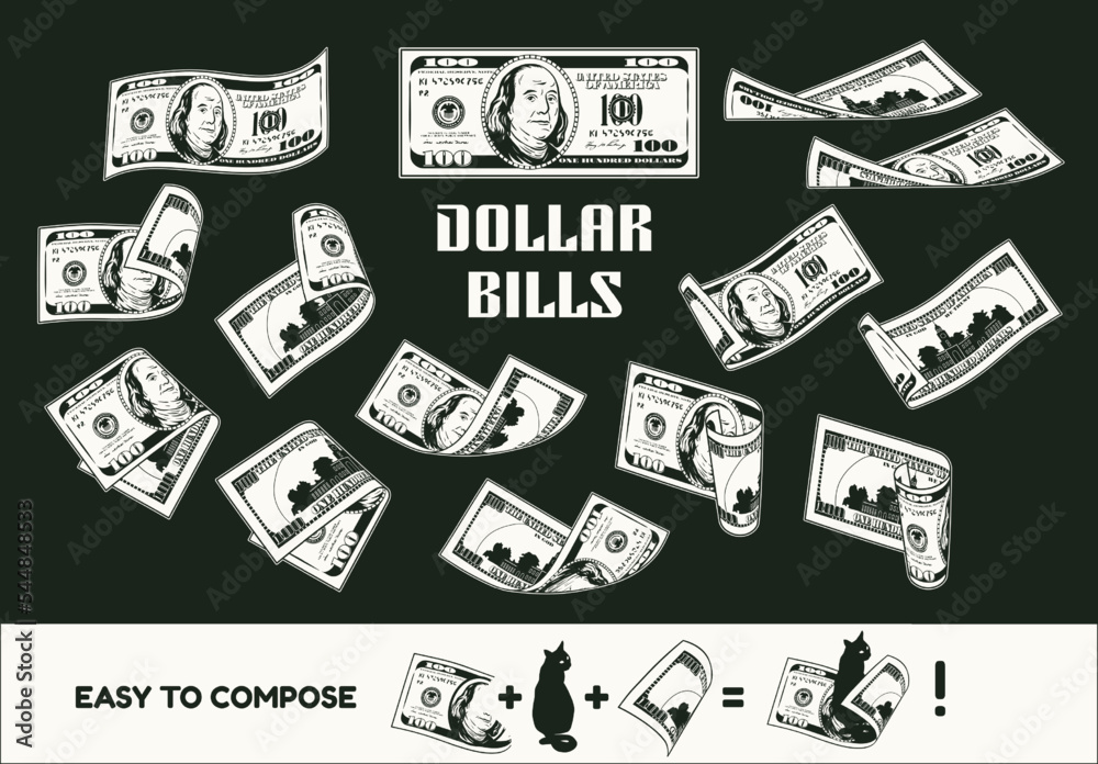 Set of 100 dollar bills with front and reverse side. Bent, folded, twisted banknotes in different ways. Cash money. Vintage style. Monochrome detailed isolated vector illustration on black background. Set of 100 dollar bills with front and reverse side. Bent, folded, twisted banknotes in different ways. Cash money. Vintage style. Monochrome detailed isolated vector illustration on black background.