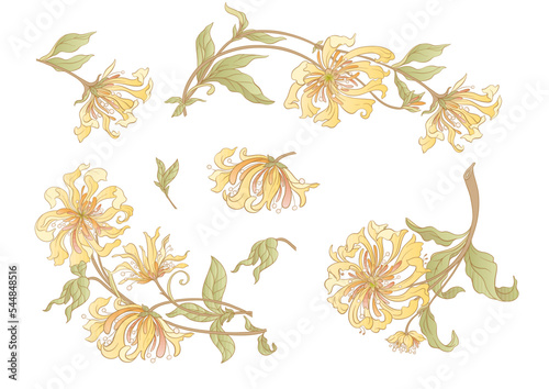 Decorative flowers and leaves in art nouveau style, vintage, old, retro style. Clip art, set of elements for design Vector illustration.