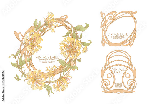 Decorative flowers and leaves in art nouveau style, vintage, old, retro style. Border, frame, template for product label, cosmetic packaging. Easy to edit. Vector illustration.