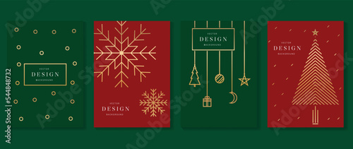 Luxury christmas invitation card art deco design vector. Snow, snowflake, bauble, christmas tree line art on green background. Design illustration for cover, greeting card, print, poster, wallpaper.