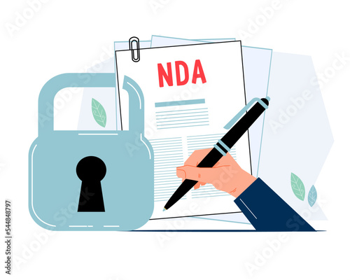Signing NDA contract, Non Disclosure confidentiality agreement form, flat vector illustration isolated on white background. photo