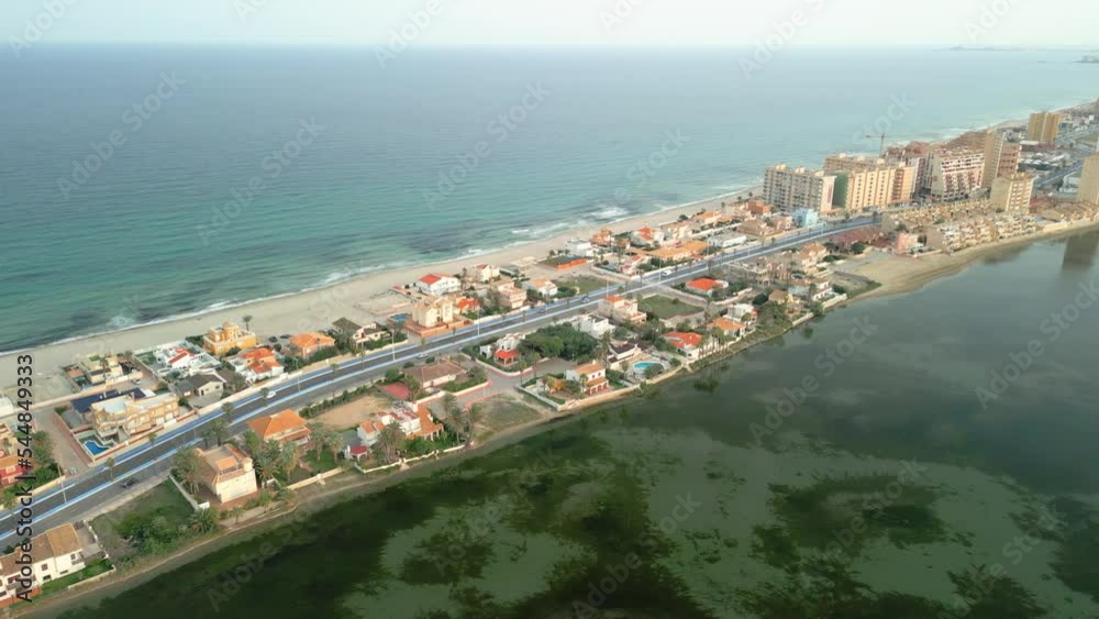 Aerial images of the city of La Manga del Mar Menor in Murcia turquoise blue sea views of the lagoon and the Mediterranean Sea Aerial images of the city of La Manga del Mar Menor in Murcia turquoise blue sea views of the lagoon and the Mediterranean Sea
