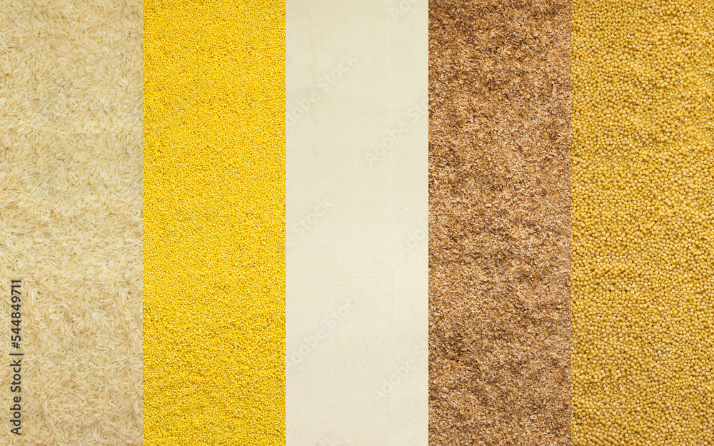 Various grain cereals banner, top view, white rice and millet, semolina and wheat grits, couscous Various grain cereals banner, top view, white rice and millet, semolina and wheat grits, couscous