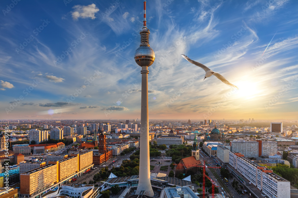 Aerial panorama of Berlin at sunset, downtown with the skyscrappers and the bridges, Germany