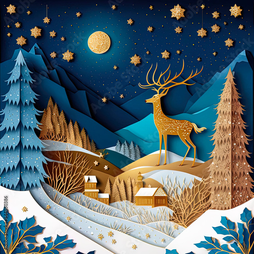 Christmas realistic papercut 3D background wallpaper with reindeer and christmas tree, glowing at night with blue sky full of stars. Generative AI