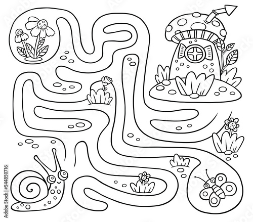 Black and white outline coloring maze for children: Snail looking for the way to the mushroom house
