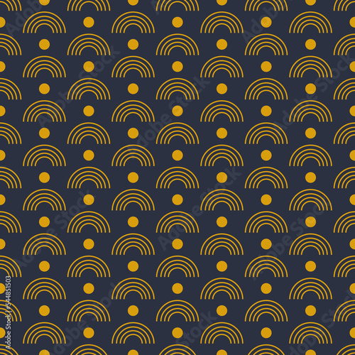 Seamless geometric pattern with golden symbols on dark blue background in art deco style. Vector print for fabric background