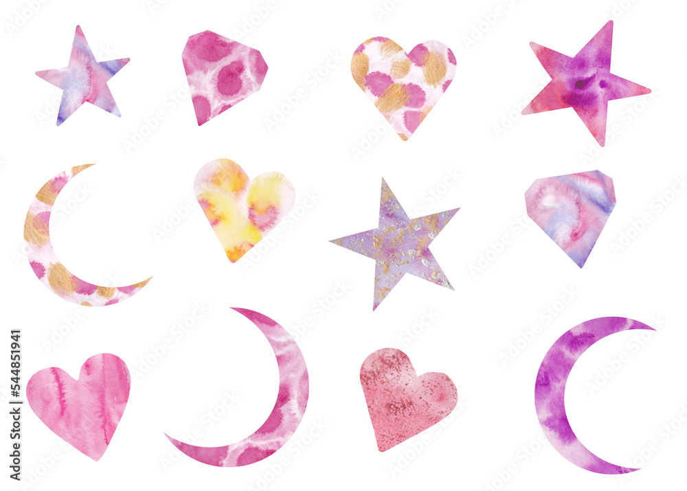 watercolor set with hearts,moon, diamonds, stars. Crescent. Pink, purple. Romantic vintage style. For decoration,design. Stamps on paper, postcards, textiles. For templates. Valentine's day, love. watercolor set with hearts,moon, diamonds, stars. Crescent. Pink, purple. Romantic vintage style. For decoration,design. Stamps on paper, postcards, textiles. For templates. Valentine's day, love.