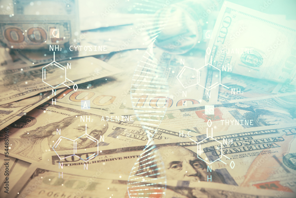Double exposure of DNA drawing over usa dollars bill background. Concept of medical education. Double exposure of DNA drawing over usa dollars bill background. Concept of medical education.