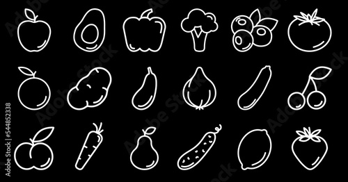 Food line icons vector set.  Fruits and vegetables set. Line icons for healthy food on black background. Outline icons collection