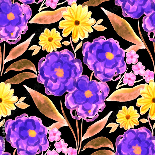 Watercolor seamless pattern with spring floral bouquets. Vintage botanical il...