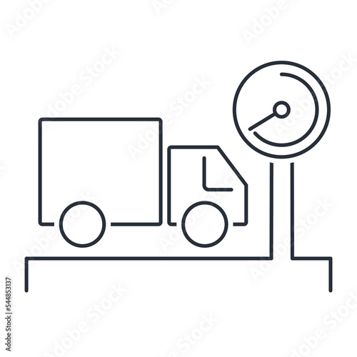 Truck weight. Vehicle weighing scale.Vector linear icon isolated on white background.