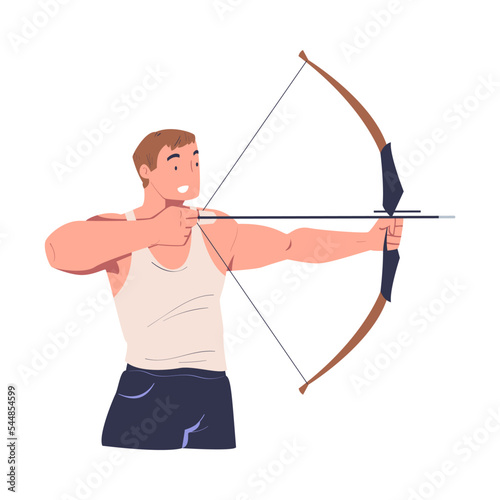 Man shooting with bow. Male shooter training in archery cartoon vector illustration
