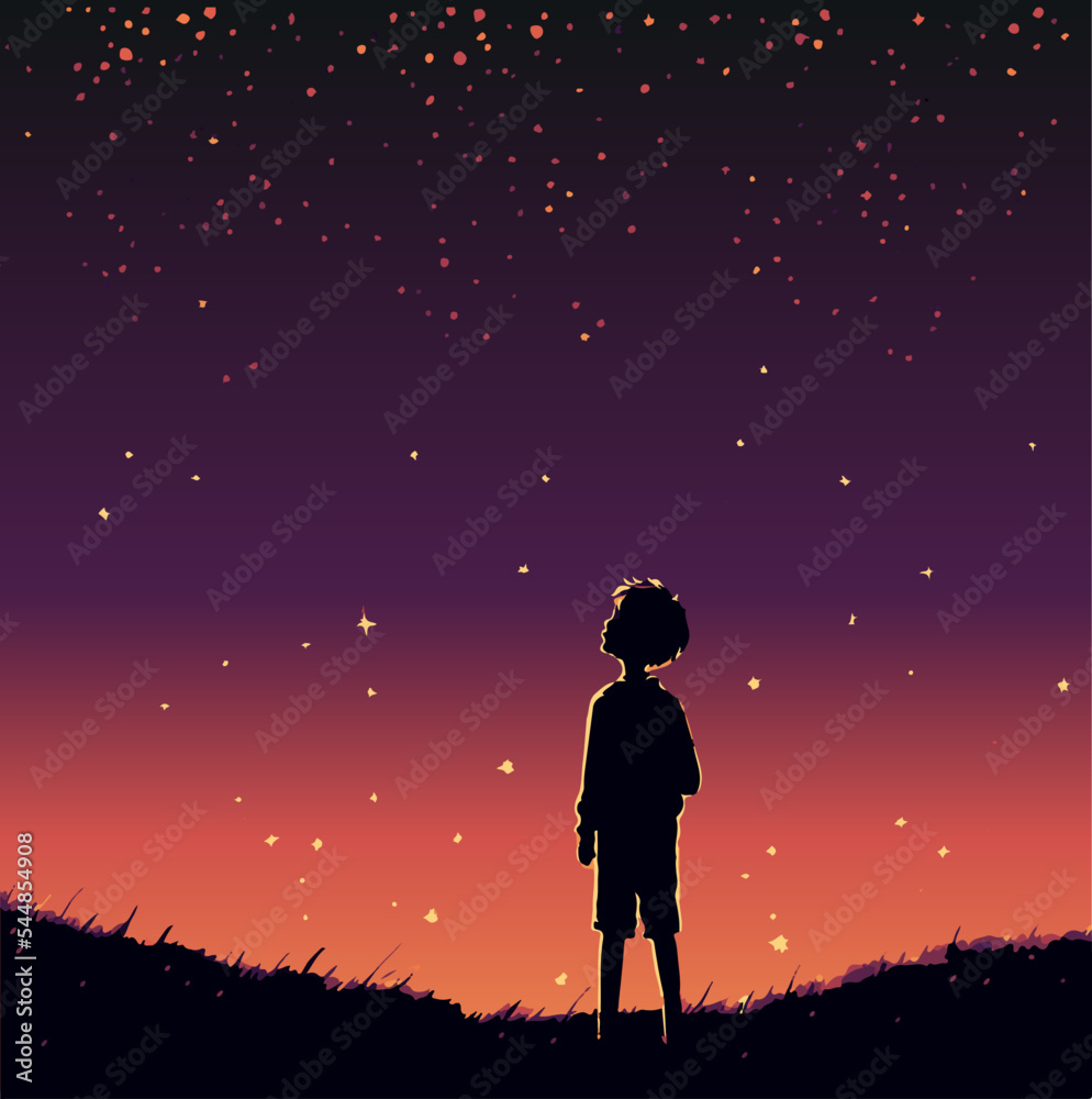 Kid dreaming illustration. Kid looking at the stars. Child imagination. Young happy person
