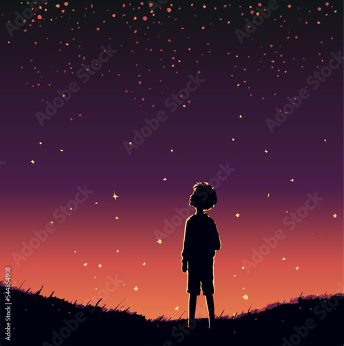 Kid dreaming illustration. Kid looking at the stars. Child imagination. Young happy person thinking in the night. Vector art of childhood. Having ideas under colorful sky. Beautiful life of education