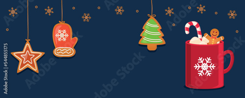 christmas card with hanging gingerbread cookies and cocoa drink