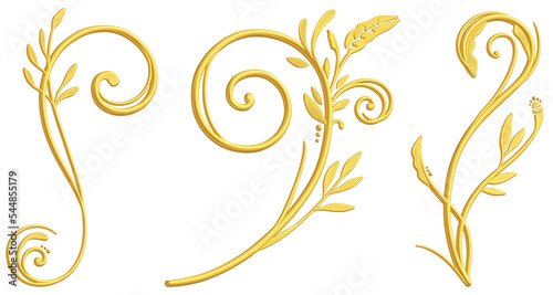 立体的な手描きのゴールドのツタ模様セット　ラスター素材