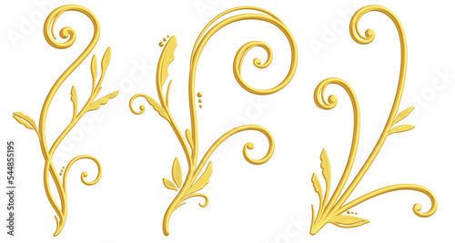 立体的な手描きのゴールドのツタ模様セット ラスター素材 © たまき岬