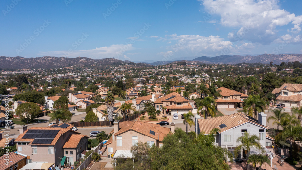 Afternoon view of a suburban neighborhood in San Marcos, California, USA.