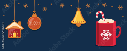 christmas card with hanging gingerbread cookies and cocoa drink