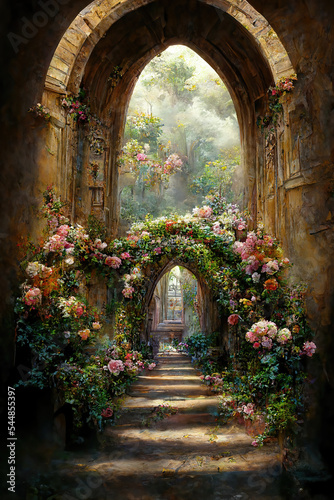 AI generated image of an ornate medieval rococo archway covered with flowers at the entrance of a palace 
