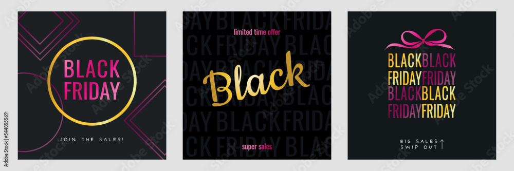 Set of Black friday's square banners for social media, leaflets, shops, web and more. In gold, gradient pinks, black and white. Lettering and text of offer sales and discounts. Modern geometry. 