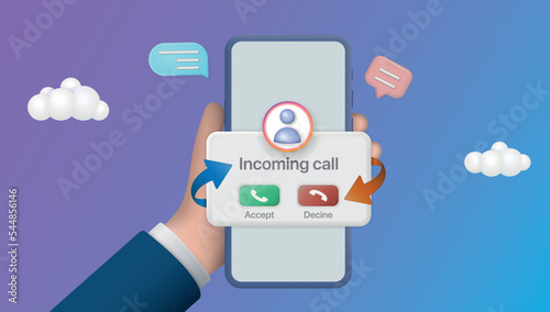 Incoming call on mobile phone. Hand holding smartphone answer and decline buttons on screen.