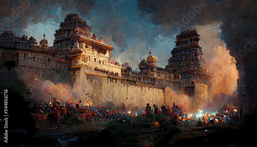 AI generated image of a battle in progress between 2 ancient Indian armies, with one army laying siege to the fort of the other 