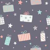 Christmas pattern with hand drawn gift boxes. Vector