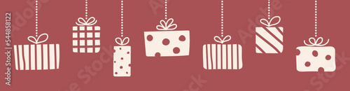 Hanging Christmas gift boxes. Banner. Vector