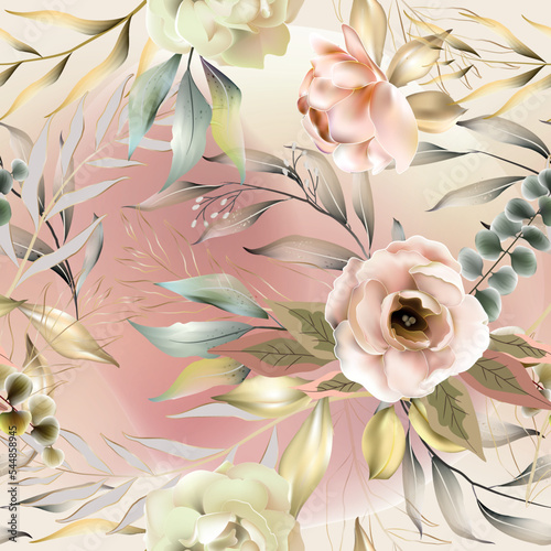 Vector seamless pattern with  leaves and flowers. Exotic botanical background design for cosmetics, spa, textile. Best as wrapping paper, wallpaper.