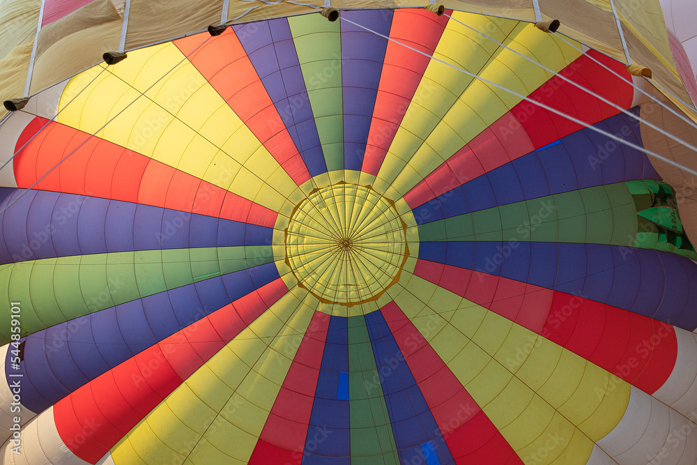 Fototapeta premium Inside hot air balloon inflating, hot air balloon flying view from below
