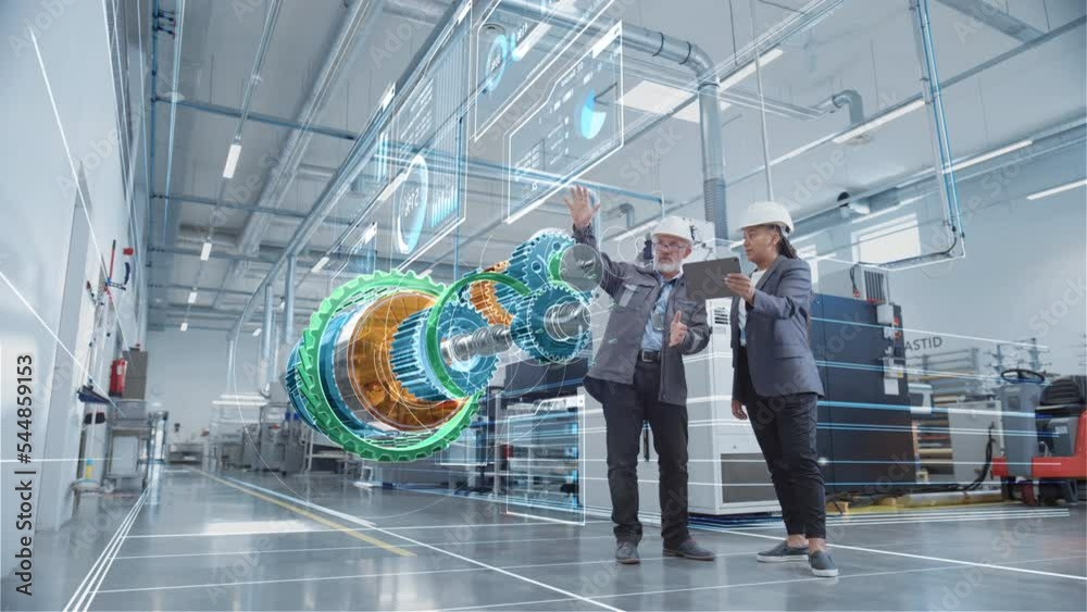 Factory Digitalization: Two Industrial Engineers Use Tablet Computer, Visualize 3D Model of Clean Green Energy Engine. Industry 4 High-Tech Electronics Facility with Machinery Manufacturing Products