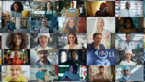 Stylish Zoom Out Montage of Smiling Caucasian Woman Becoming Part of Multi-Ethnic Group of People with Diverse Gender, Ethnicity Looking at Camera. Collection of Happy Portraits in Edited Collage