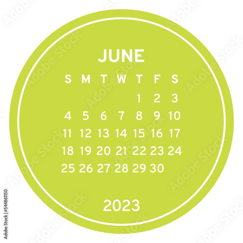 June calendar 2023. Color english round calender