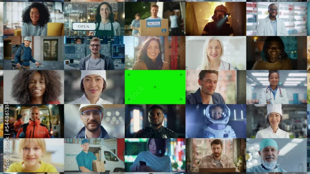 Green Chroma Key Screen Zoom Out On a Montage of Multi Ethnic Crowd of People with Diverse Gender, Ethnicity Looking at Camera. Collection of Happy Portraits in Edited Collage