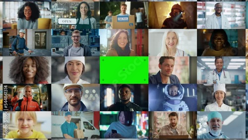 Green Chroma Key Screen Zoom Out On a Montage of Multi Ethnic Crowd of People with Diverse Gender, Ethnicity Looking at Camera. Collection of Happy Portraits in Edited Collage photo