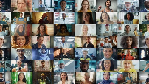 Montage of Happy Multi-Cultural and Multi-Ethnic People of Diverse Background, Gender, Ethnicity, Smiling, Looking at Camera. Happy People of the World Cheerfully Smiling. Moving Right Shot