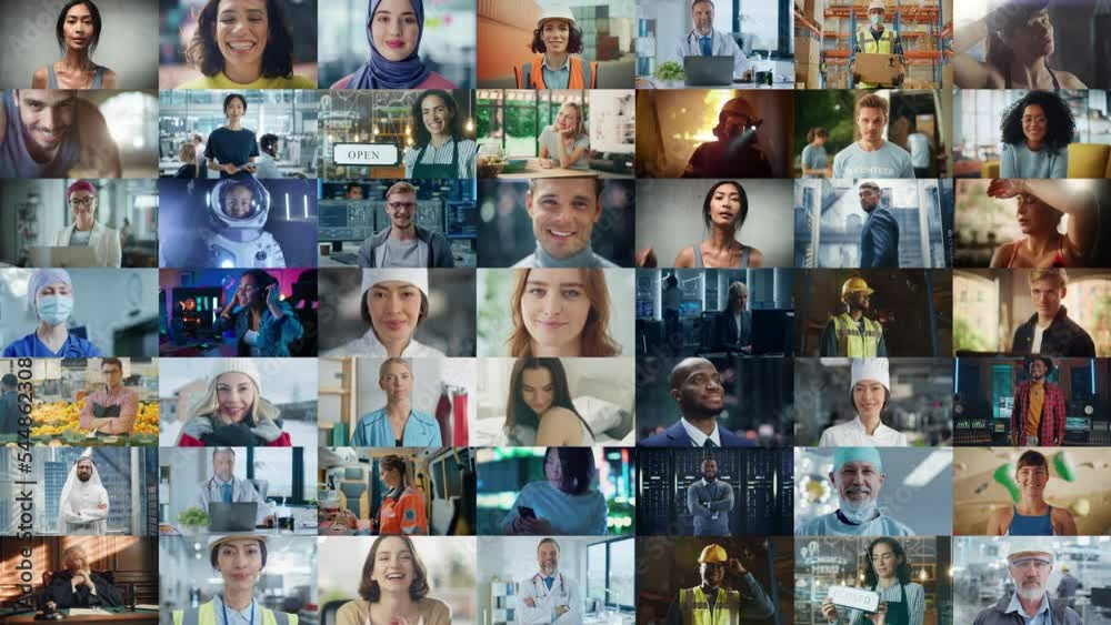Changing Montage of Multi-Cultural and Multi-Ethnic People of Diverse Background, Gender, Ethnicity, Occupation Smiling, Looking at Camera. Happy People of the World Cheerfully Smiling. Static Shot