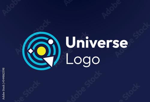 Universe Logo, vector minimal circle universe shapes space, science brand identity template photo studio lens concept