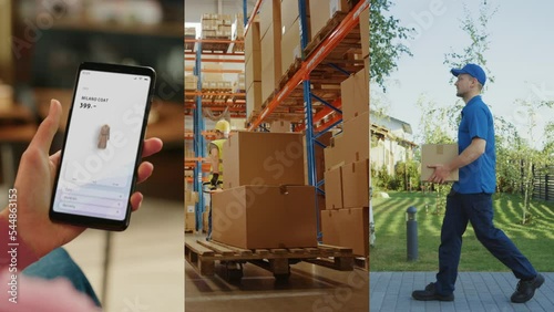 Package Delivery Story in Split Screen Montage. Person Browsing Online Shop on Smartphone, Choosing Clothes, Hanbags, Ordering. Warehouse Workers Dispatch Package. Courier Hands Product to Customer