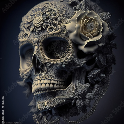 floral skulls, Mexican sugar skulls in Day of the dead beautiful celebration art digital 3D illustration Original concept, this Character is fiction based and does not exist in real life