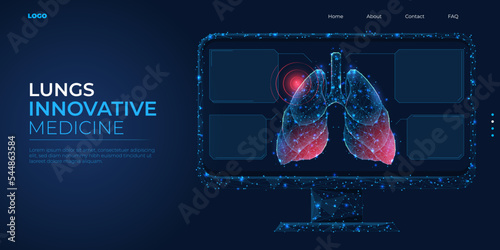 Digital 3d low poly model of the human lung. Concept blue respiratory system, pneumonia, asthma. Abstract background vector illustration.