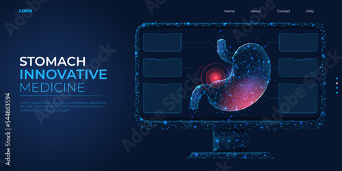 Digital 3d low poly model of the human stomach. Gastritis ulcer and heartburn treatment concept. Abstract background vector illustration.