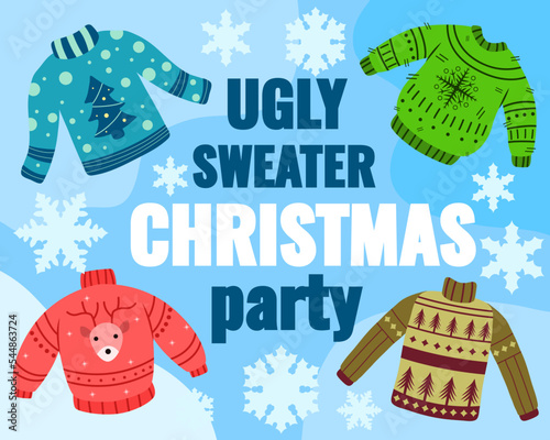 Postcard on the theme of an ugly Christmas sweater party. Vector illustration of a poster or cover for a party, greeting and invitation to celebrate the holiday and happy new year