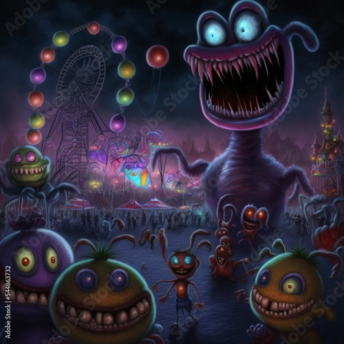 Group of scary alien monsters having fun at the amusement park. Colorful funny scenes of smiling horrible monster aliens at the fun fair