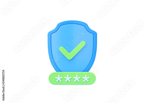 Shield 3d icon - cyber guard illustration, blockchain protect safety element and access blue symbol photo